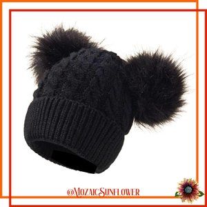 Cable Knit Black Beanie With Fluffy Faux Fur Pompoms 1 On Each Side Top NWT
